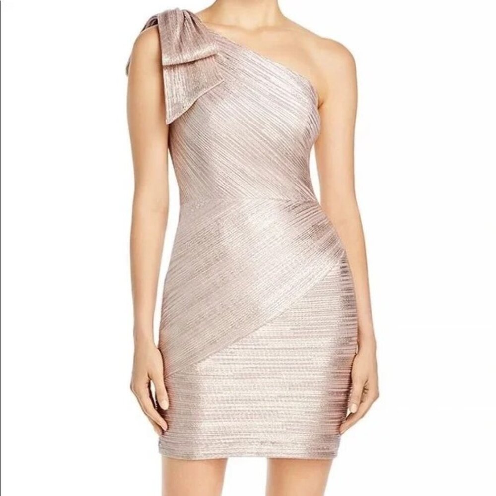 NWT AQUA Women's Pink/Mauve/Metallic,One Shoulder Bow Mini Cocktail Dress
